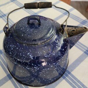 Vintage Dark Blue White Speckled  Enamelware Cowboy  Coffee Tea Kettle